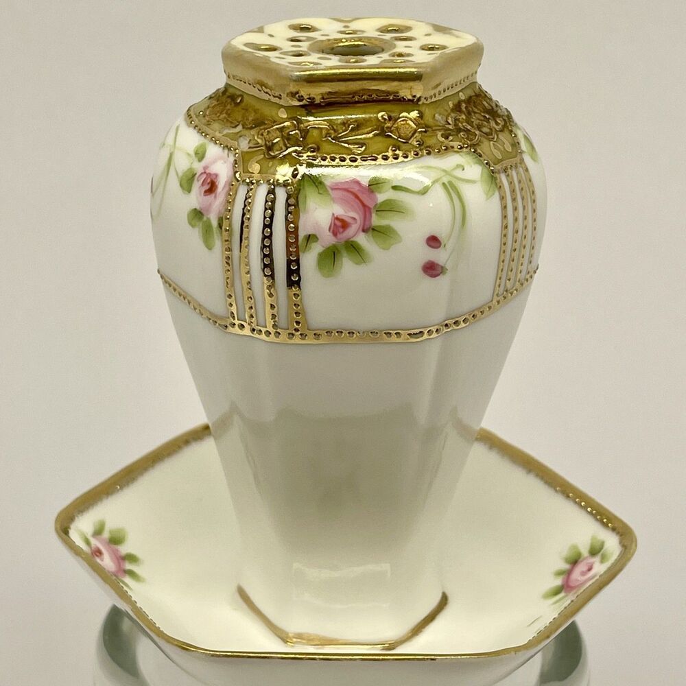 Antique Early 1900's Nippon Hatpin Holder w Tray Hand Painted Roses Raised Gold